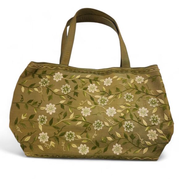 Silk Green Tote Purse Embroidered White Floral Design, 3 Compartments – 16"x9.5" - Picture 1 of 10